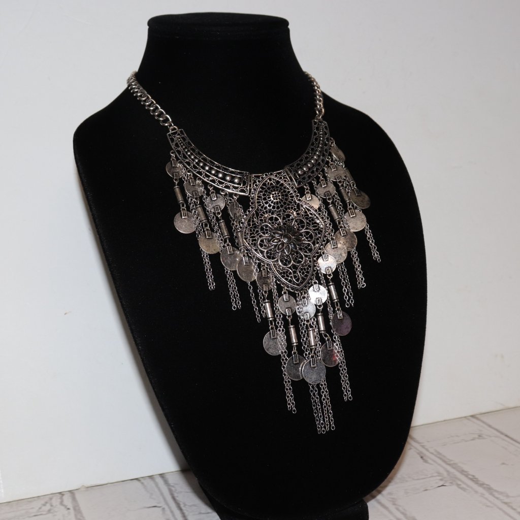 Silver Statement Bib Necklace 1518 Adjustable 6 Drop Boho Vintage Sty 14$